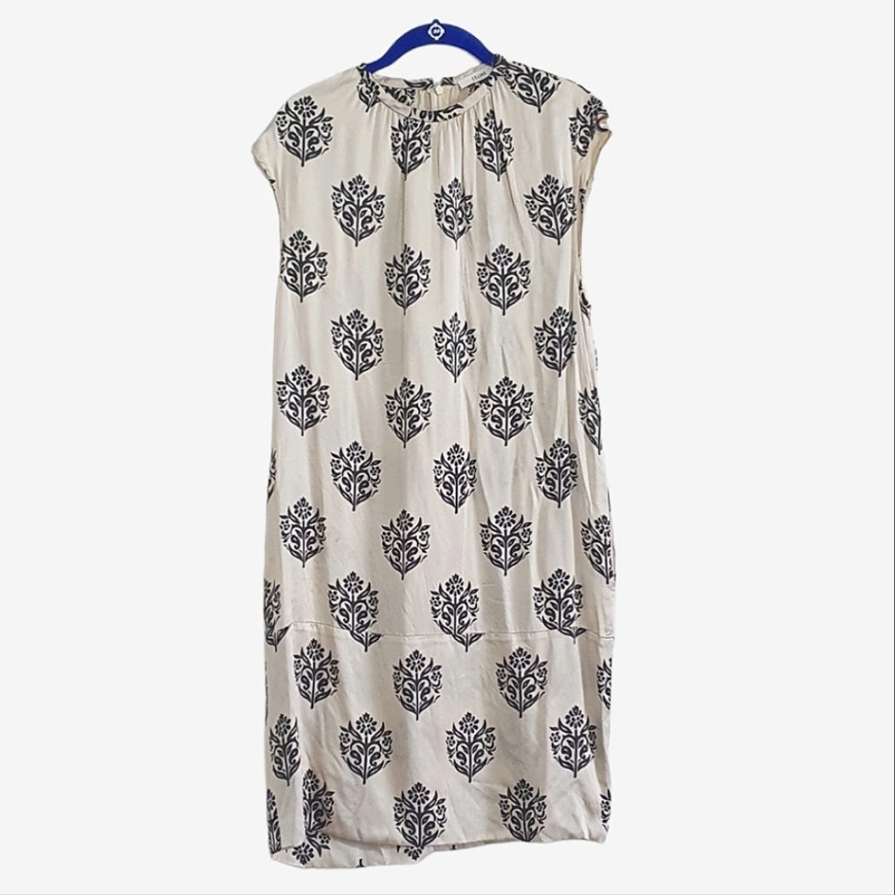 Céline 100% Silk Floral Cream & Black Shift Short Sleeveless Dress Sz. 10/42 - Picture 1 of 2